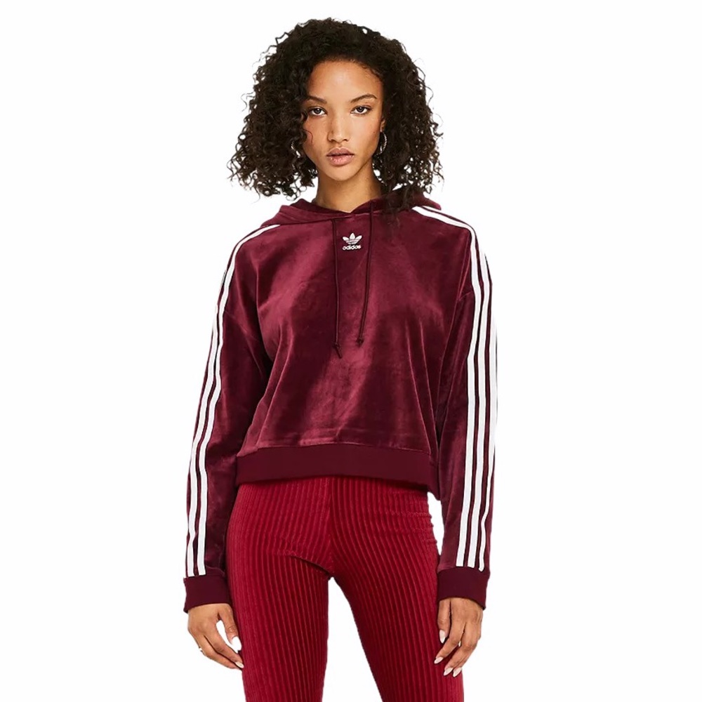 Adidas Originals Urban Outfitters Maroon Velour Cropped Hoodie Women’s Size S